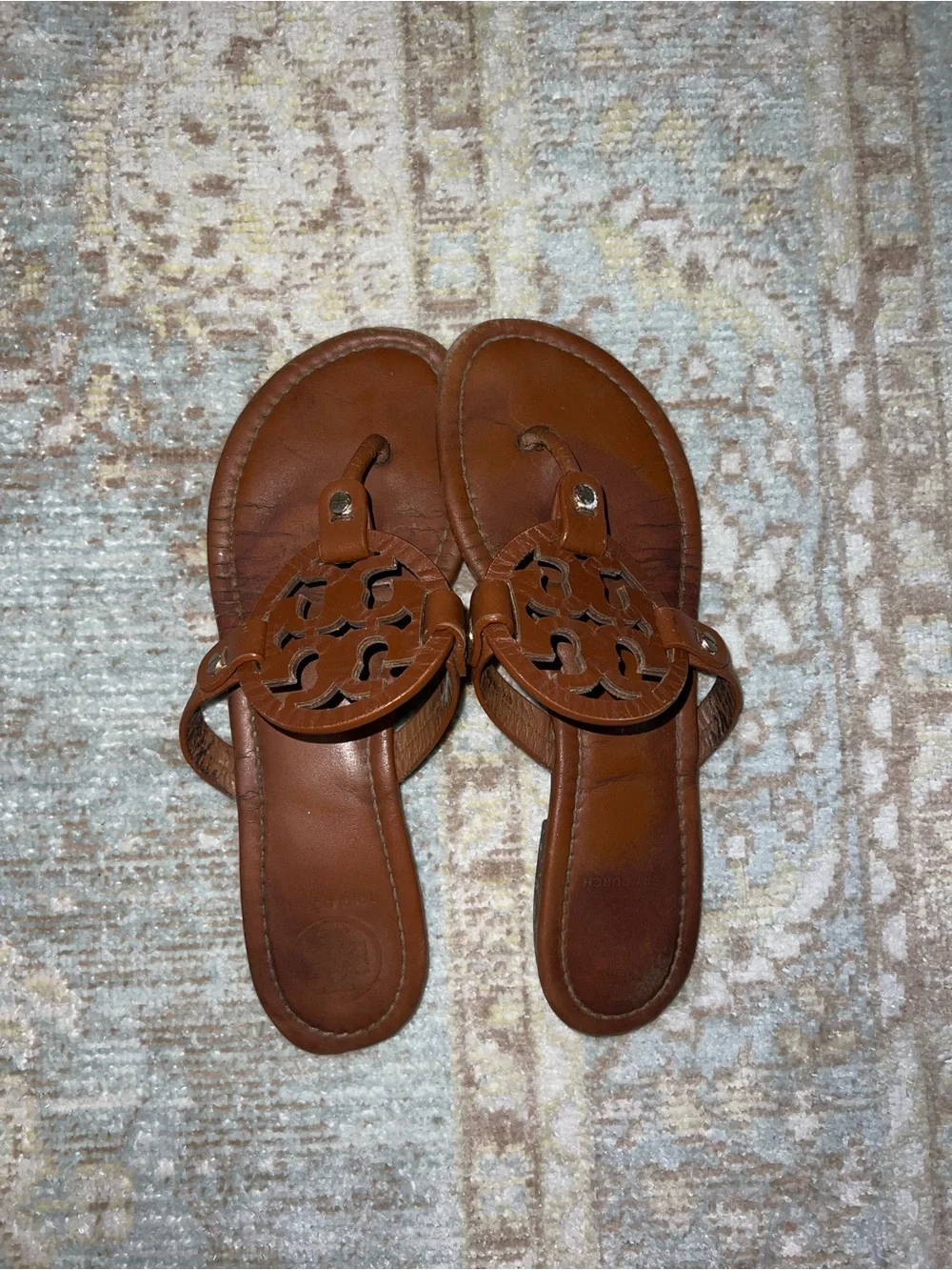 Tory Burch Brown Leather Miller Logo Thong Sandals
